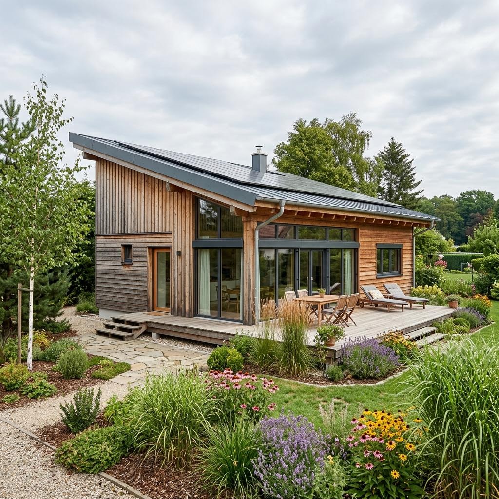 Ferienhaus Lakeland 72 von Honka als modernes finnisches Blockhaus mit Pultdach und Glasfront