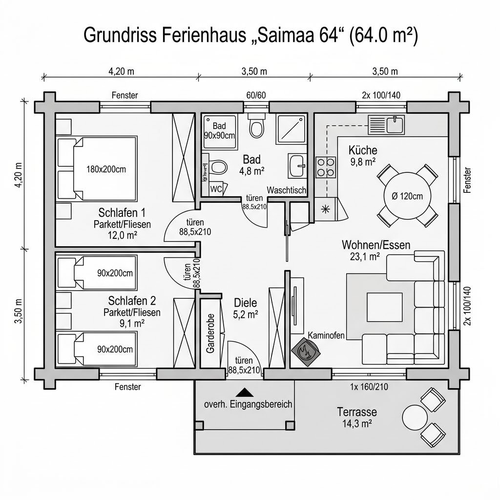 Grundriss Saimaa 64 – 64 m² Ferienhaus mit 3 Zimmern