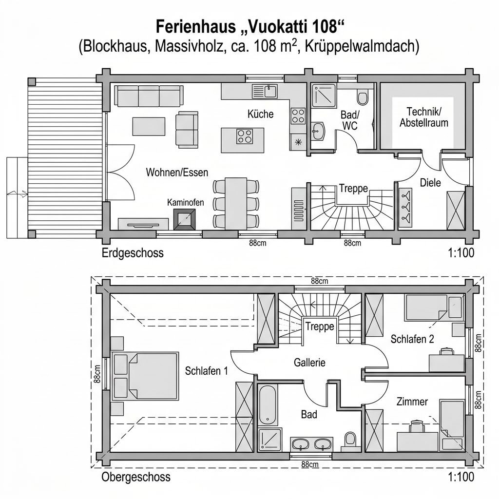 Grundriss Vuokatti 108 – 108 m² Ferienhaus mit 5 Zimmern