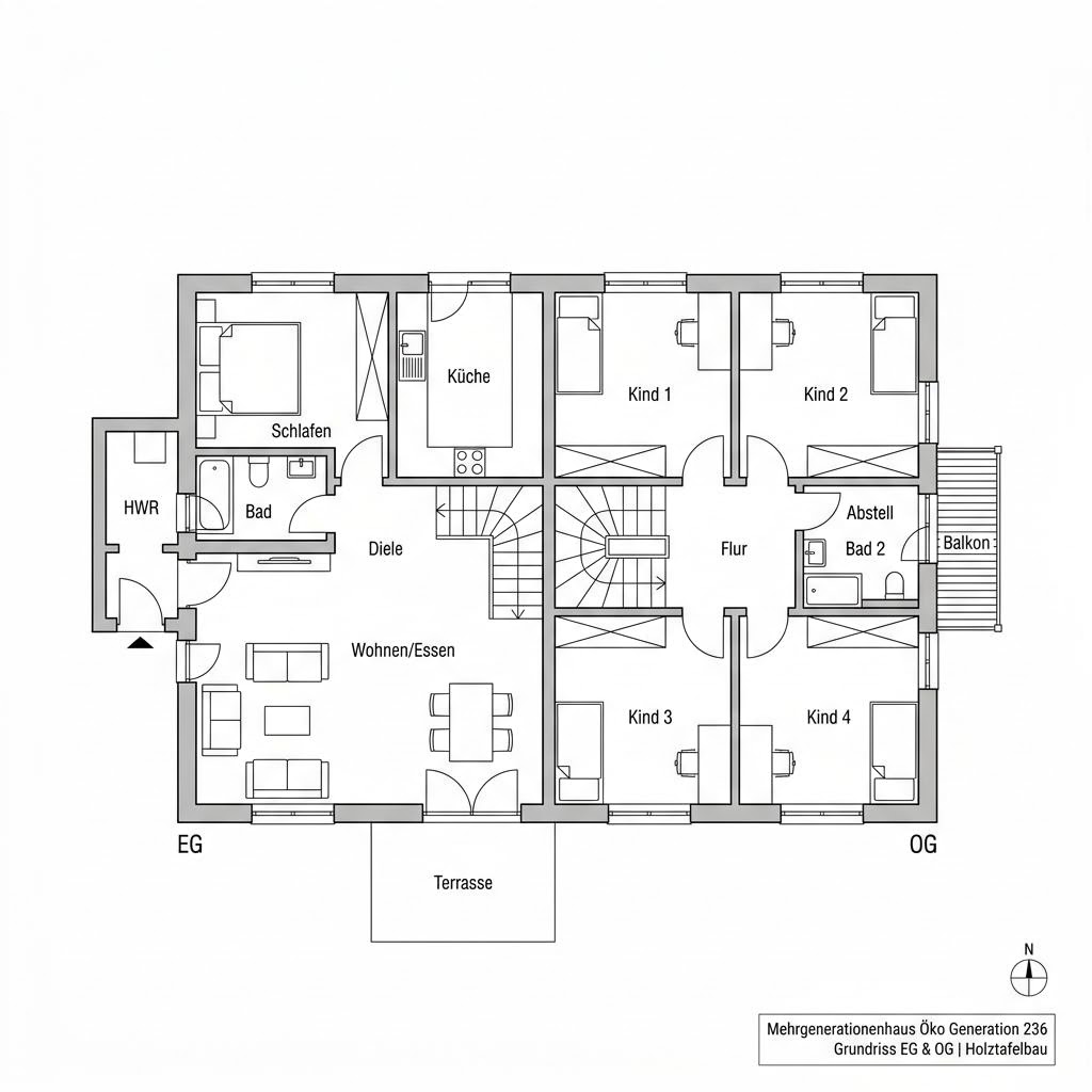 Grundriss Mehrgenerationenhaus Öko Generation 236 – 236 m² Mehrgenerationenhaus mit 8 Zimmern
