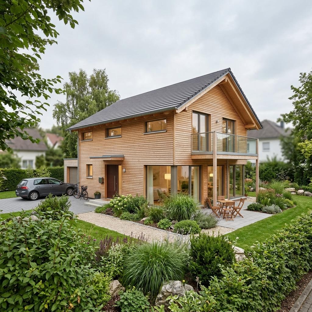 Modulhaus eco 95 von KAMPA — zweigeschossiges Holzmodulhaus mit Satteldach und 95 m²