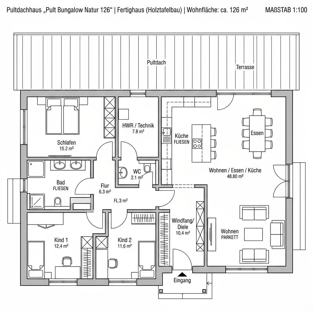 Grundriss Pult Bungalow Natur 126 von KAMPA — 126 m², 4 Zimmer
