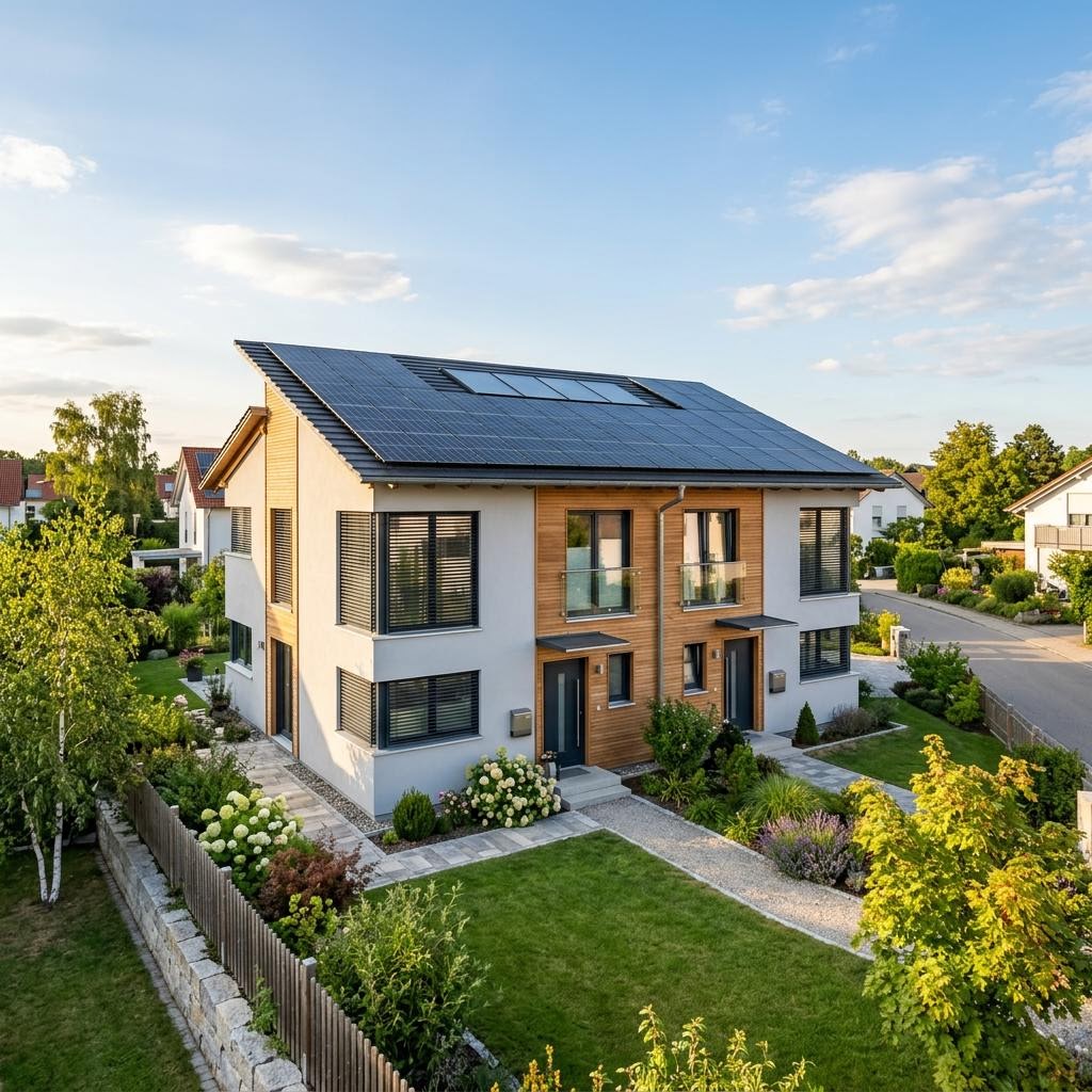Klimafreundliches Zweifamilienhaus KlimaDuo 200 von kampa mit Pultdach und Photovoltaik