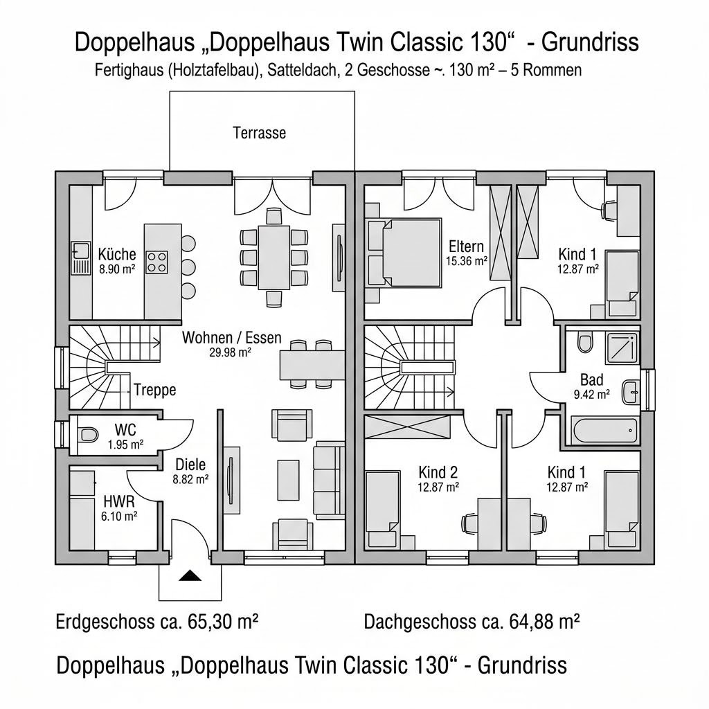 Grundriss Doppelhaus Twin Classic 130 von Keitel-Haus — 130 m², 5 Zimmer