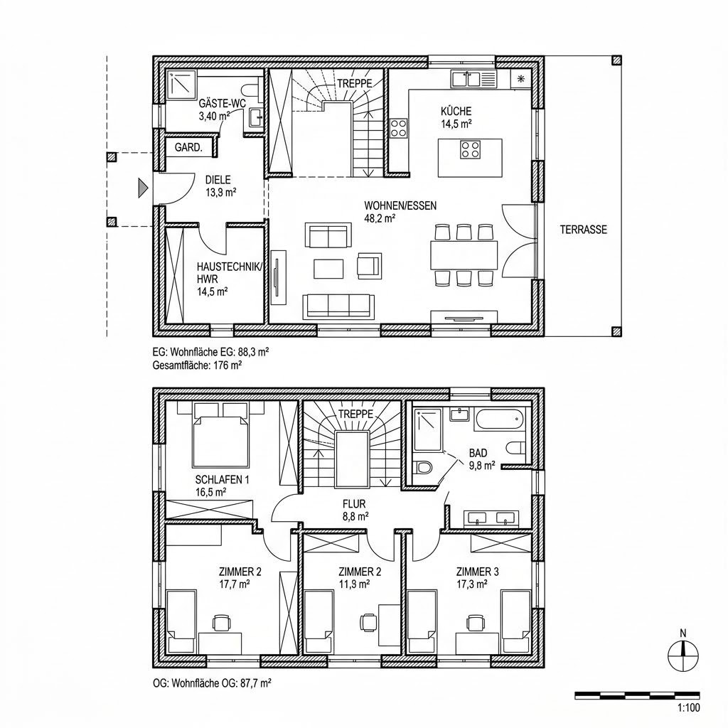 Grundriss Kubus Nord 176 von Meisterstück-HAUS — 176 m², 5 Zimmer