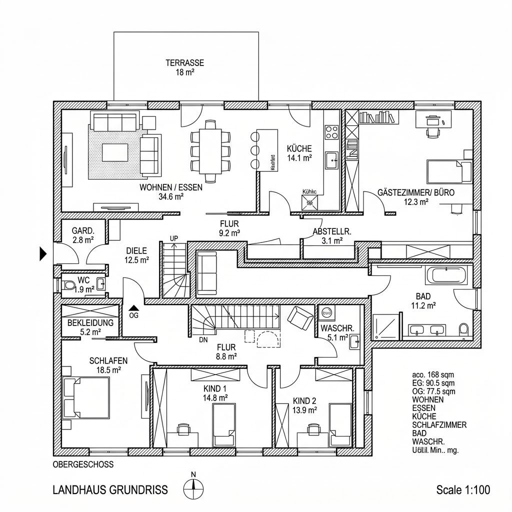 Grundriss Landhaus Ahornhof 168 – 168 m² Landhaus mit 6 Zimmern