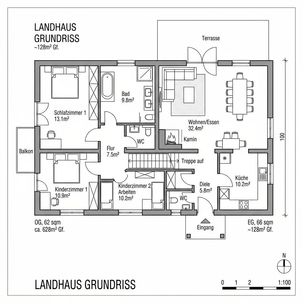 Grundriss Landhaus Achental 128 Ausbau – 128 m² Landhaus mit 5 Zimmern