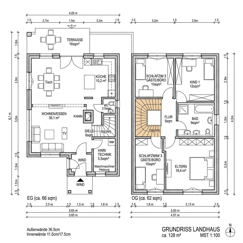 Grundriss Landhaus 128 – 128 m² Landhaus mit 5 Zimmern