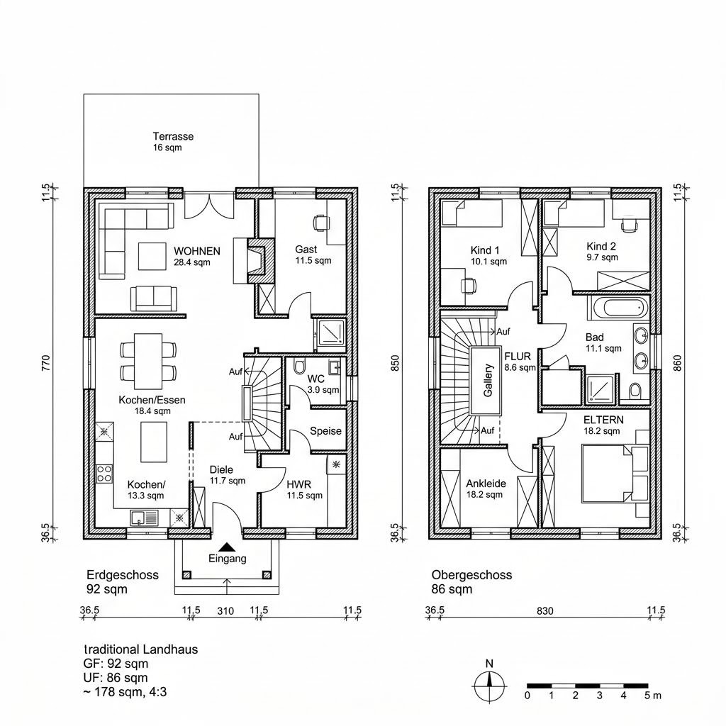 Grundriss Landhaus 178 – 178 m² Landhaus mit 6 Zimmern