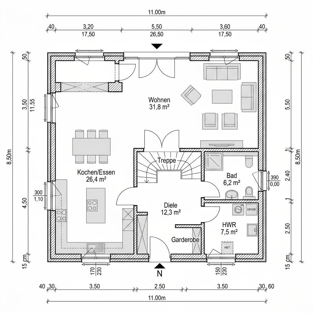 Grundriss Familienvilla Zwerch 152 – 152 m² Stadtvilla mit 5 Zimmern