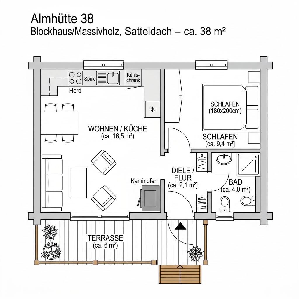 Grundriss Almhütte 38 von LéonWood — 38 m², 1 Zimmer