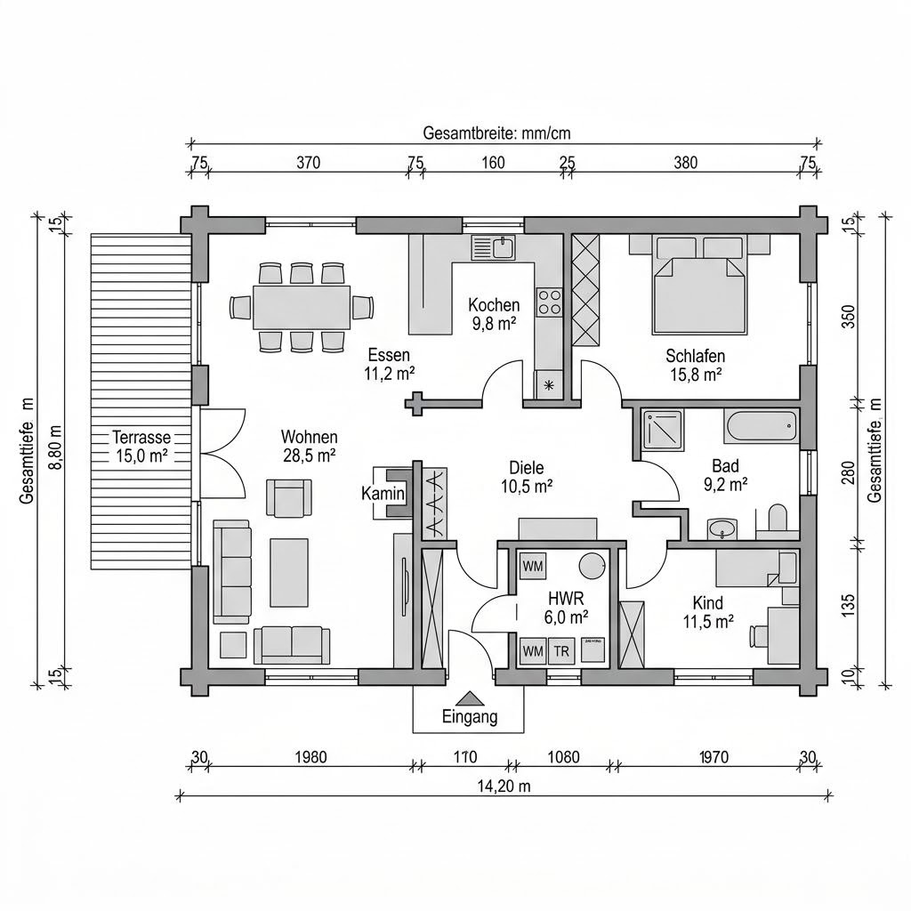 Grundriss Blockhaus Nordica 116 – 116 m² Blockhaus mit 4 Zimmern
