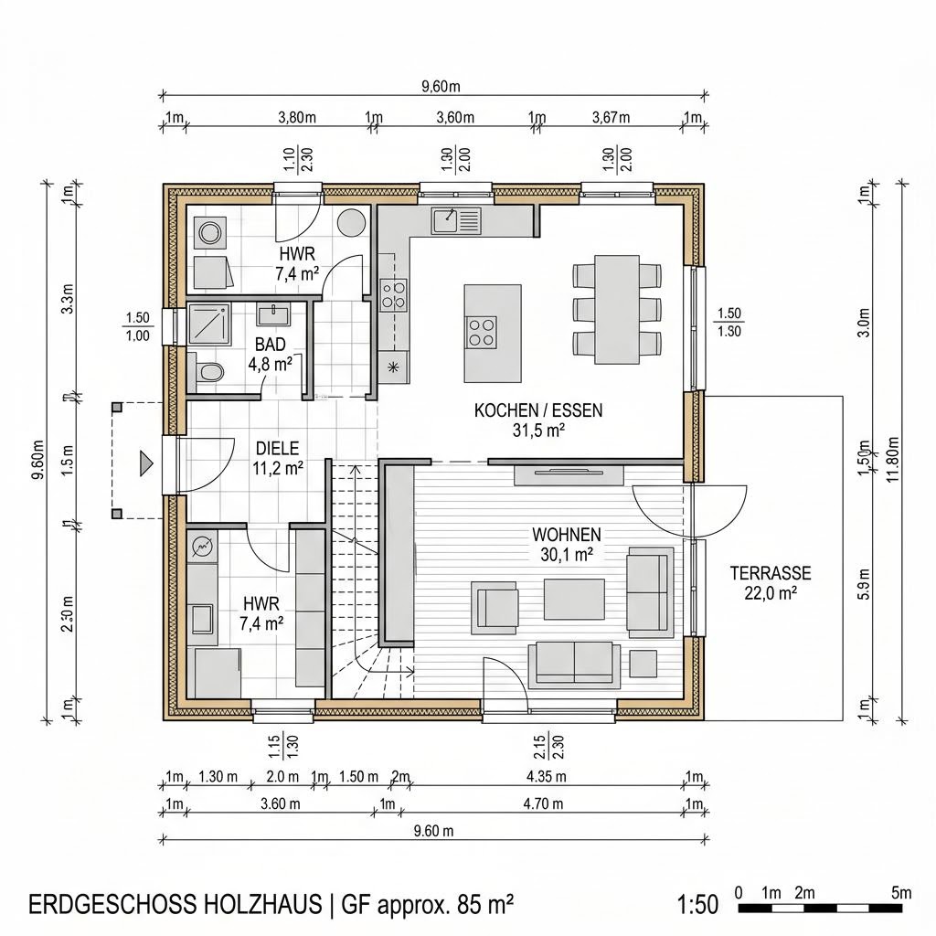 Grundriss Blockhaus Quebec 168 – 168 m² Holzhaus mit 6 Zimmern