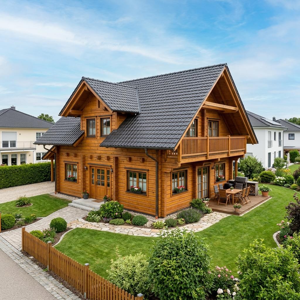 Blockhaus Tundra 162 von Léonwood Holz-Blockhaus mit Satteldach und Galerie — Massivholzhaus mit 162 m²