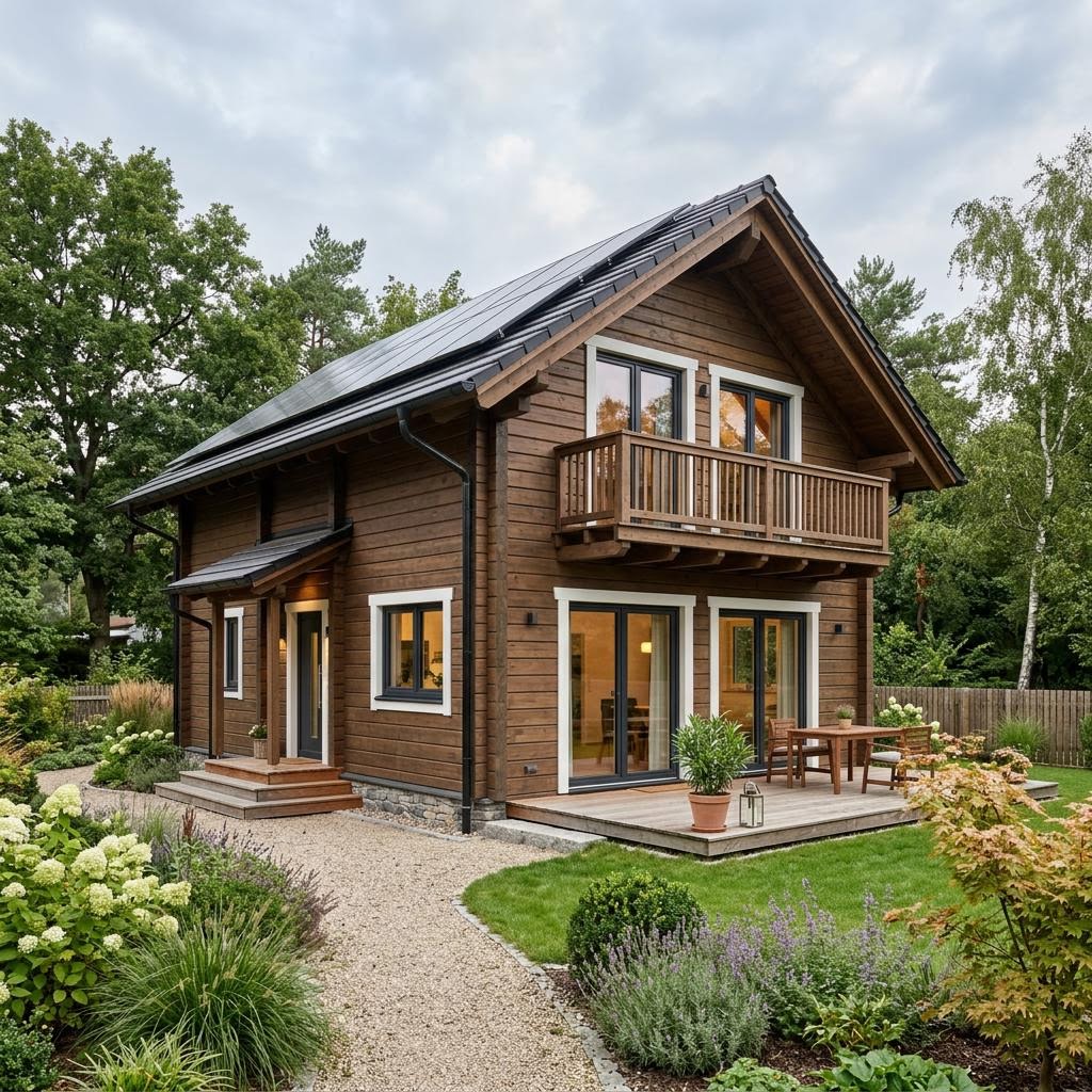 Ferienhaus Fjell 84 von LéonWood als zweigeschossiges Blockhaus aus Polarholz mit Satteldach