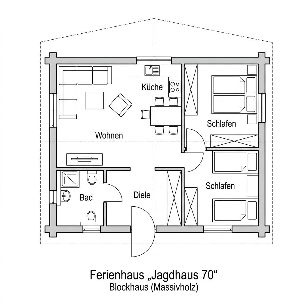 Grundriss Jagdhaus 70 – 70 m² Ferienhaus mit 3 Zimmern