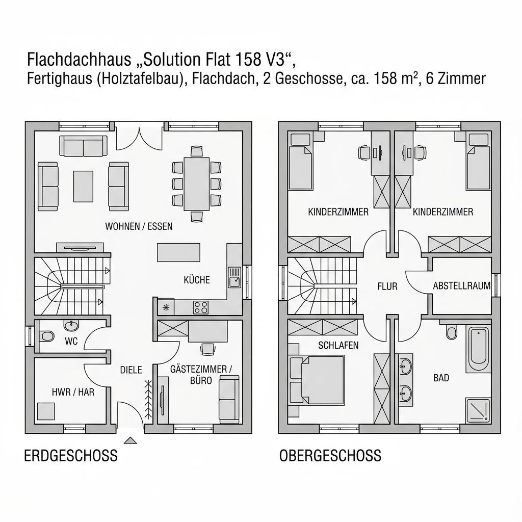 Grundriss Solution Flat 158 V3 von Living Fertighaus — 158 m², 6 Zimmer