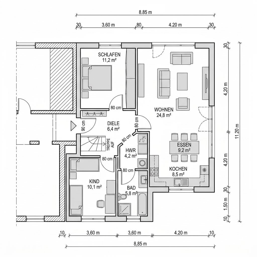 Grundriss Anbau Modul 66 – 66 m² Anbau / Aufstockung mit 3 Zimmern