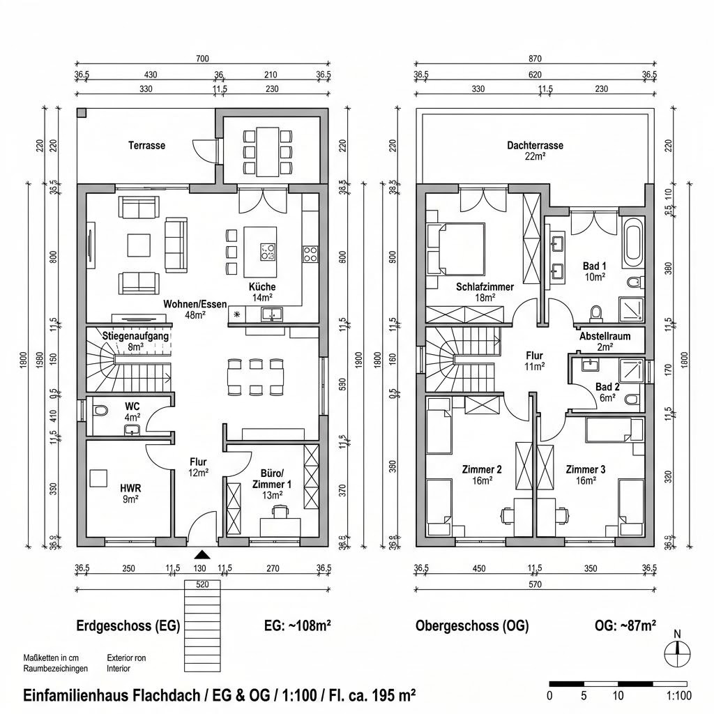 Grundriss Flachdach Kubus 195 von LUXHAUS — 195 m², 6 Zimmer