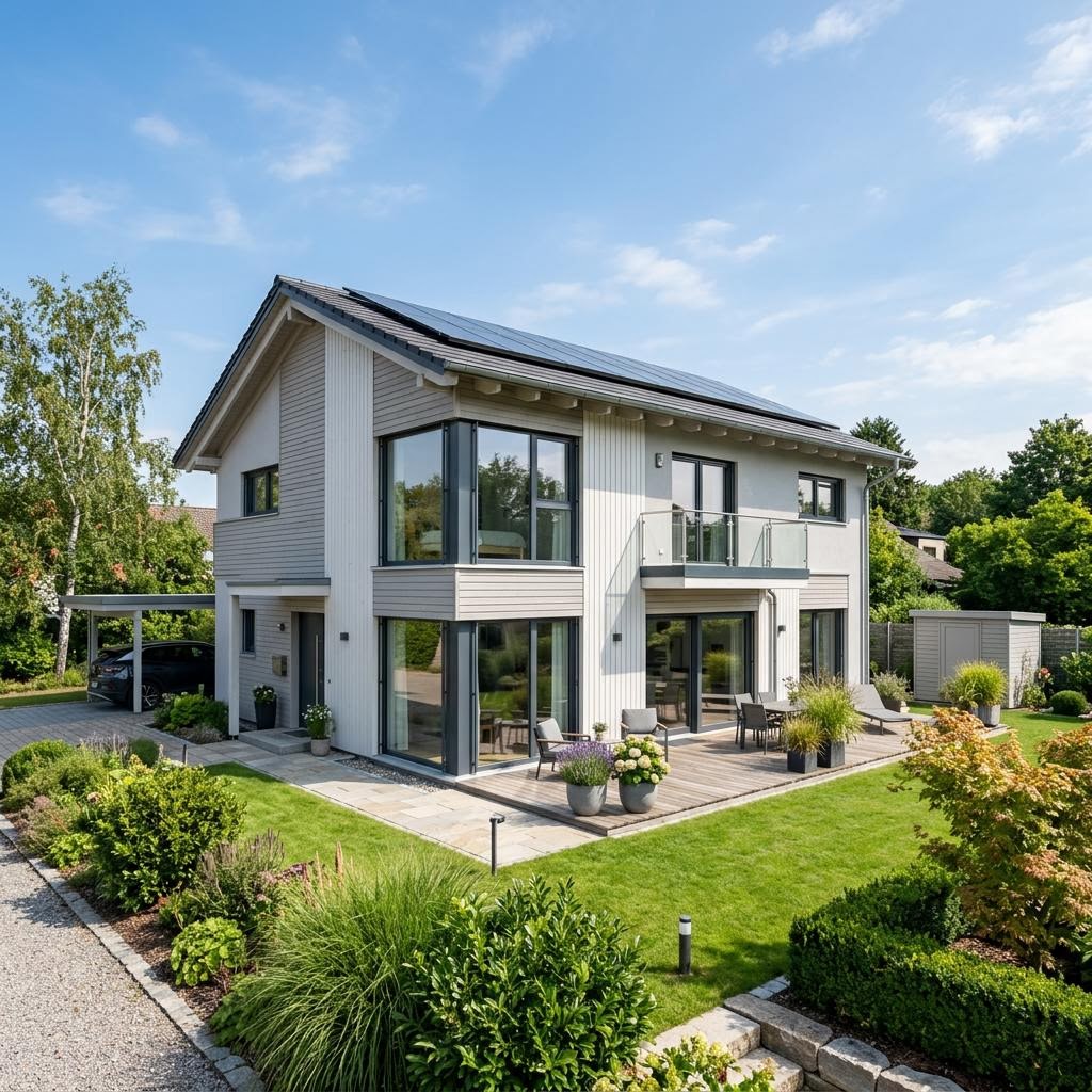 Designervilla GRIFFNER Panorama von GRIFFNER — großzügiges Holzhaus mit Pultdach