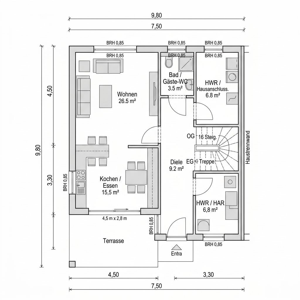 Grundriss Doppelhaus Duo 142 von massa haus — 142 m², 5 Zimmer