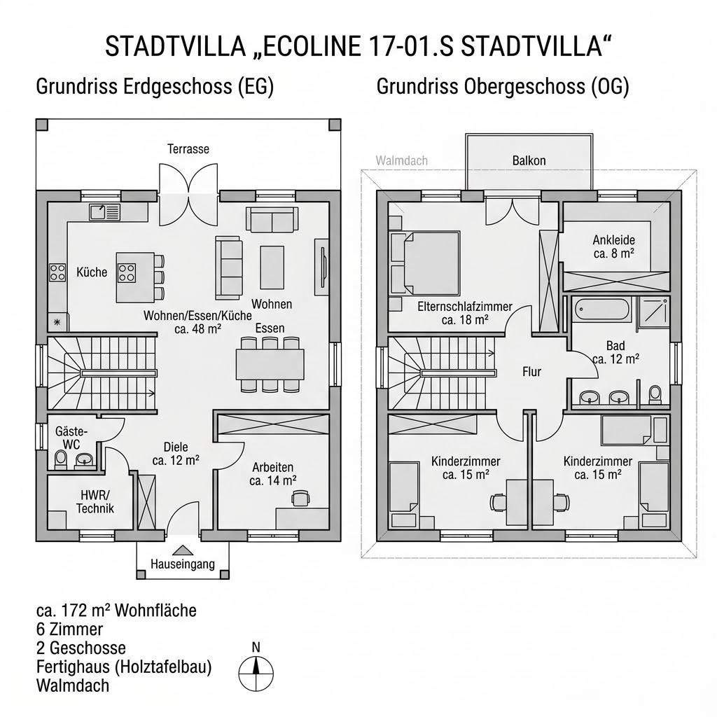 Grundriss EcoLine 17-01.S Stadtvilla – 172 m² Stadtvilla mit 6 Zimmern