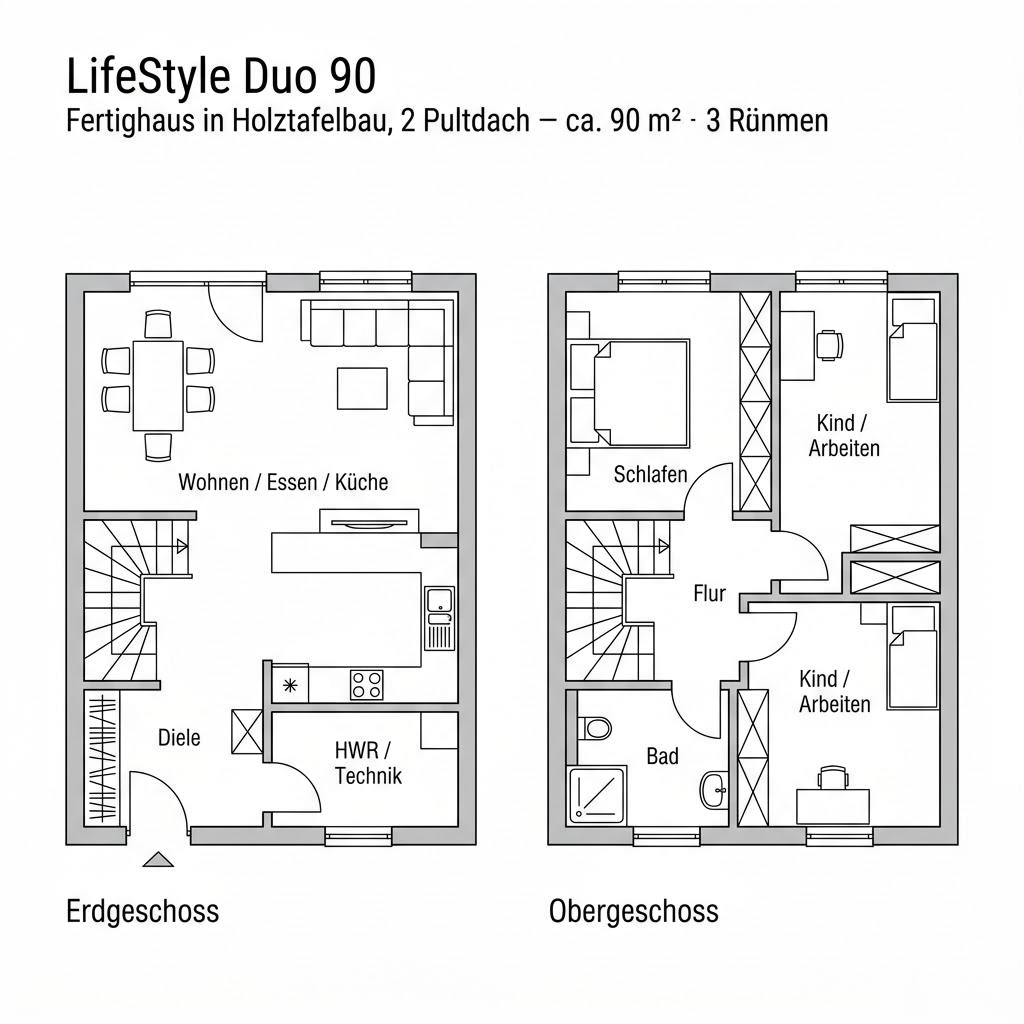 Grundriss LifeStyle Duo 90 von massa haus — 90 m², 3 Zimmer