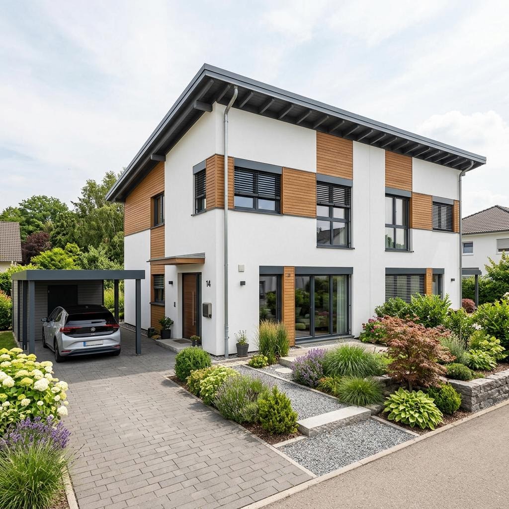 Doppelhaushälfte LifeStyle Duo 96 von massa haus — Pultdach, 96 m² für schmale Grundstücke