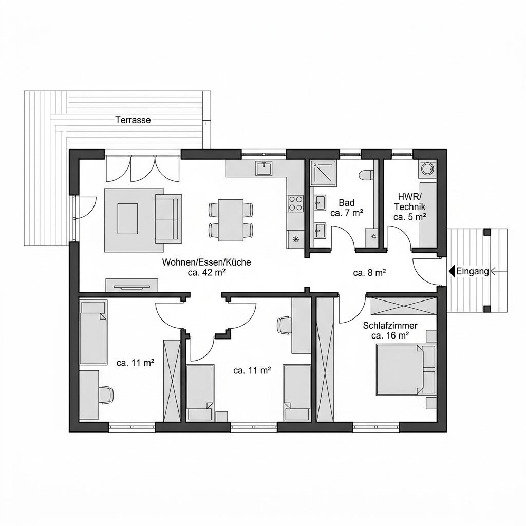 Grundriss Premium – 100 m² Modulhaus mit 4 Zimmern