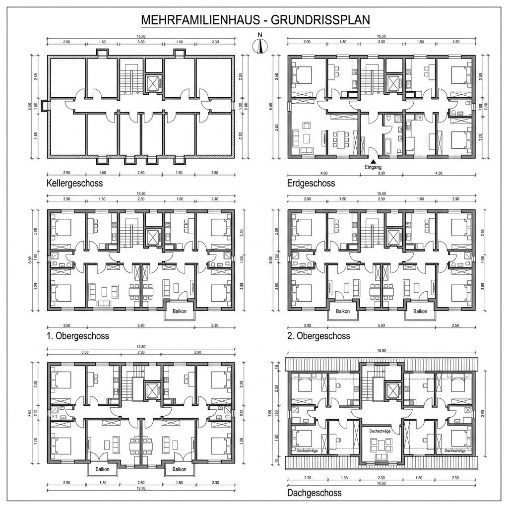 Grundriss Wohnbau Serie — 24 Wohneinheiten von GROPYUS — 1760 m², 72 Zimmer