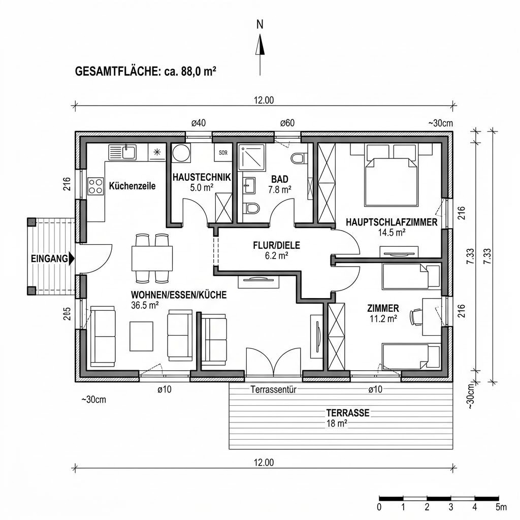 Grundriss Modulhaus Hof 88 von CABIN ONE — 88 m², 3 Zimmer