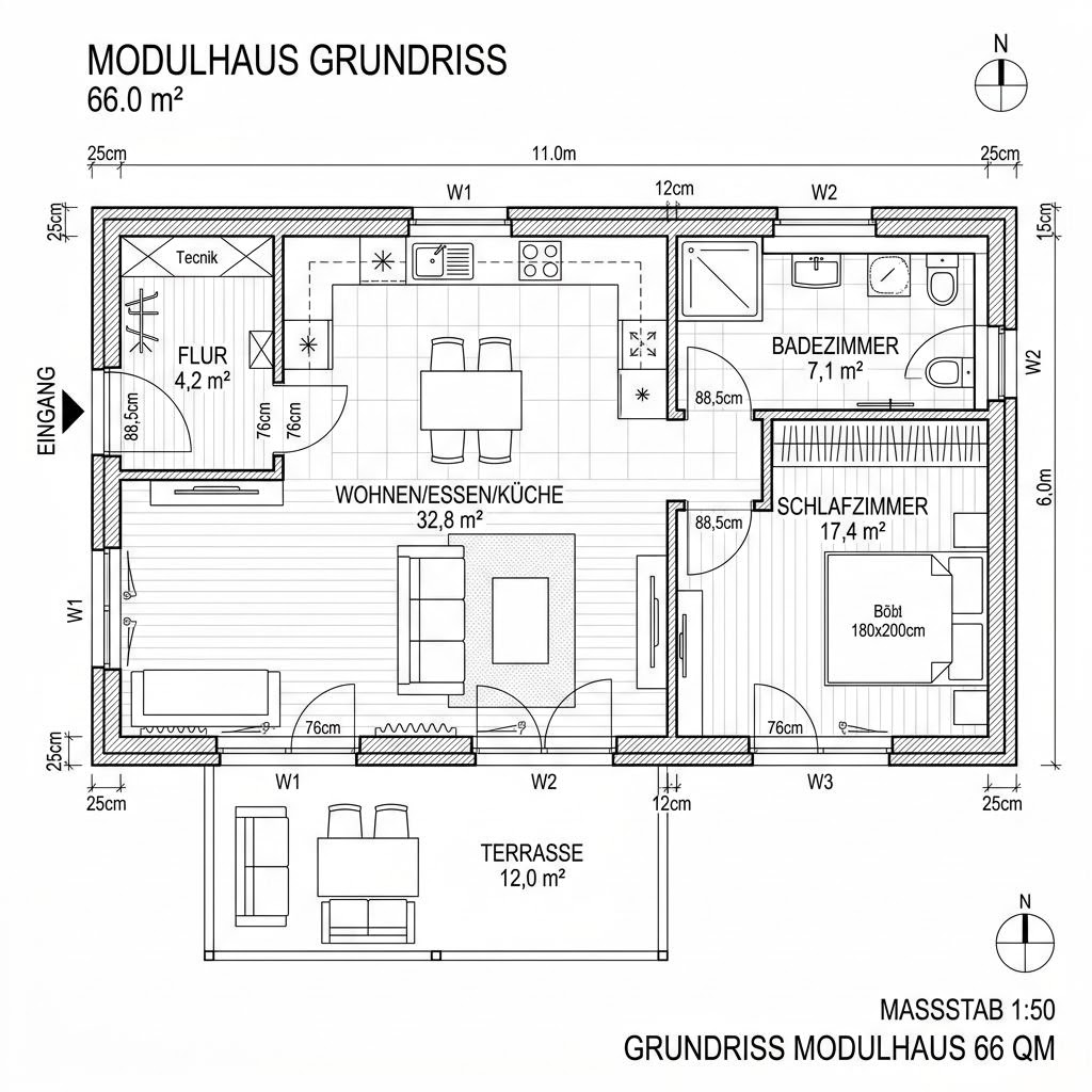 Grundriss COMMOD Modul Line 66 von Commod-Haus — 66 m², 2 Zimmer