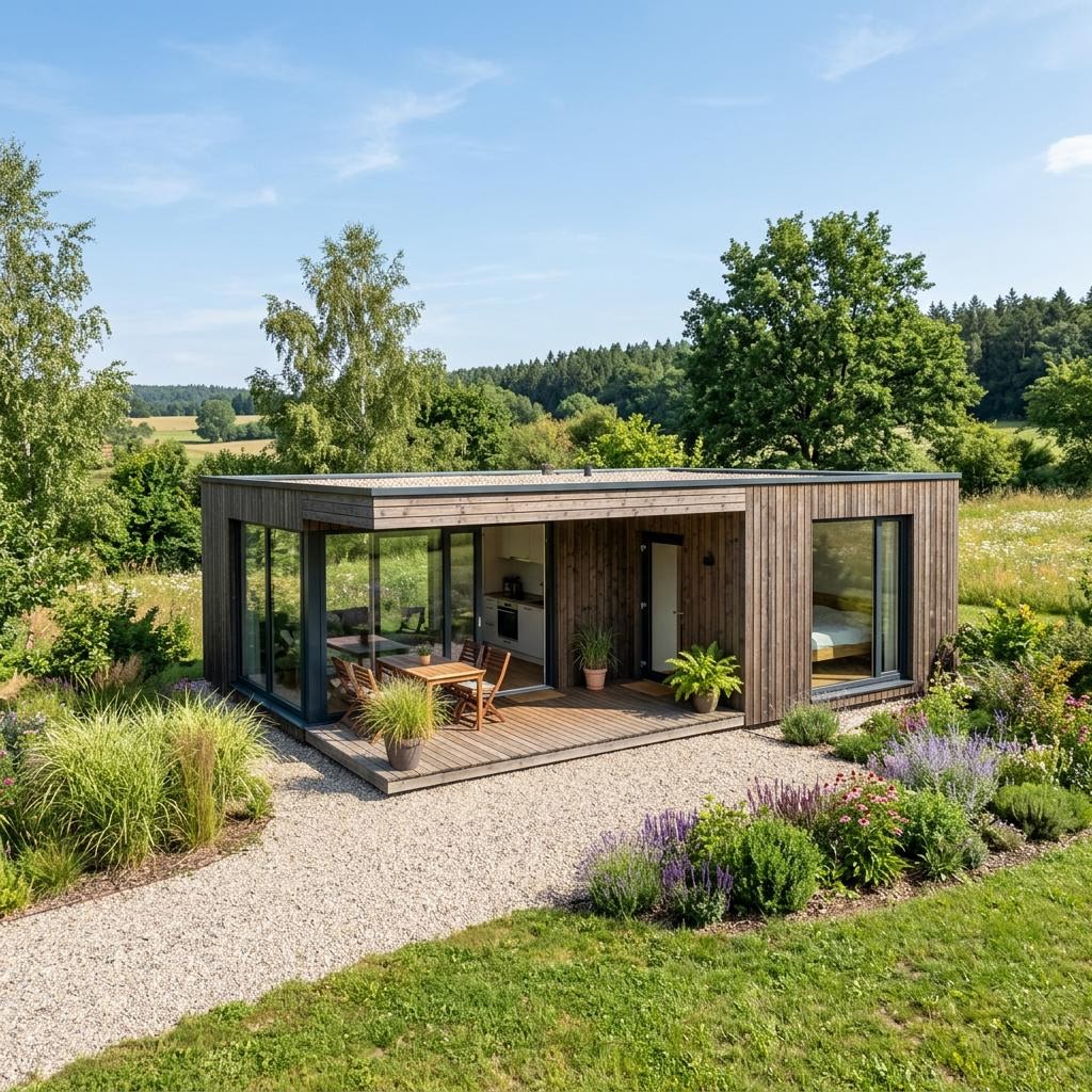 Tiny House Modulhaus TR 02 von Dwellii House mit Flachdach — Modulhaus mit rund 48 m²