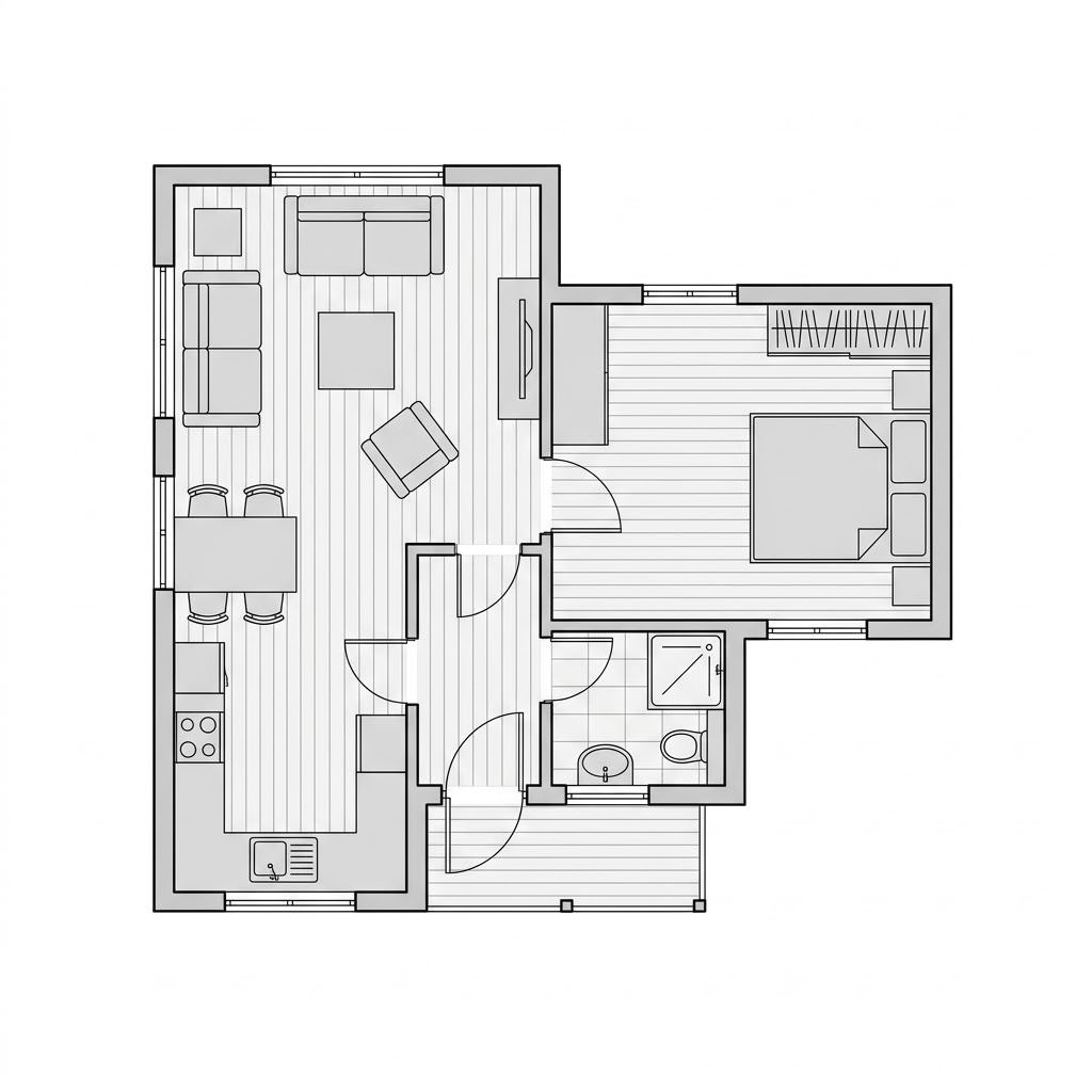 Grundriss F 10-049.9.1 FlyingSpace – 49 m² Modulhaus mit 3 Zimmern