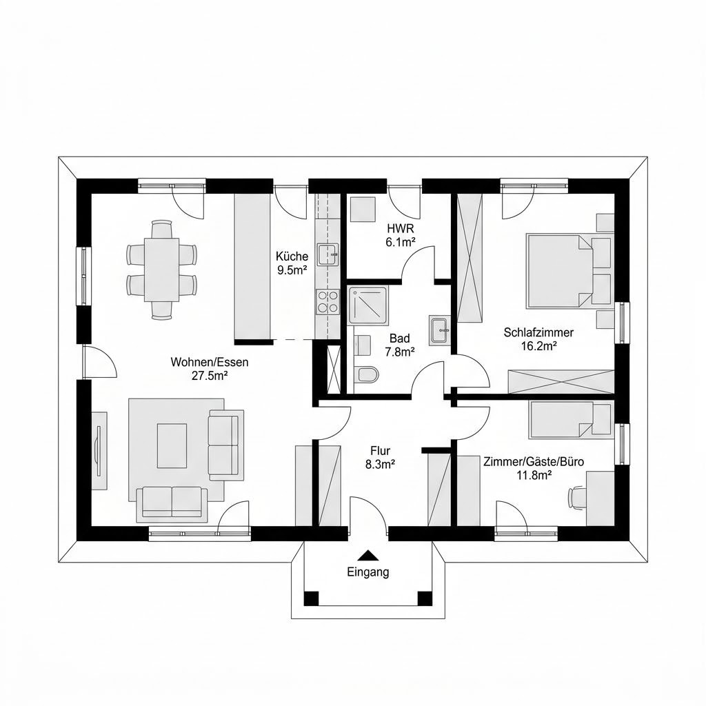 Grundriss Halligruh 98 – 98 m² Friesenhaus mit 3 Zimmern