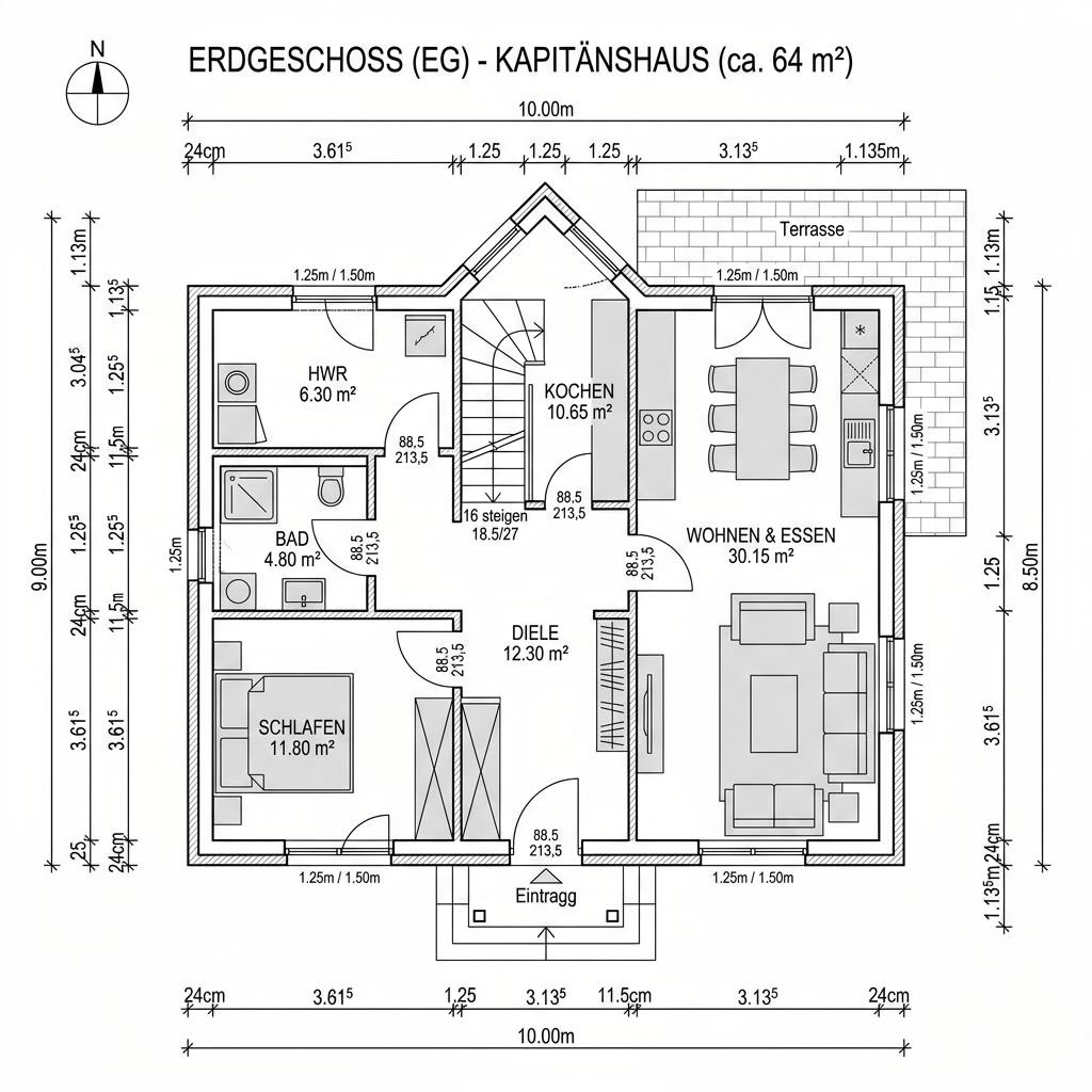 Grundriss Kapitänshaus Husum 128 – 128 m² Kapitänshaus mit 5 Zimmern