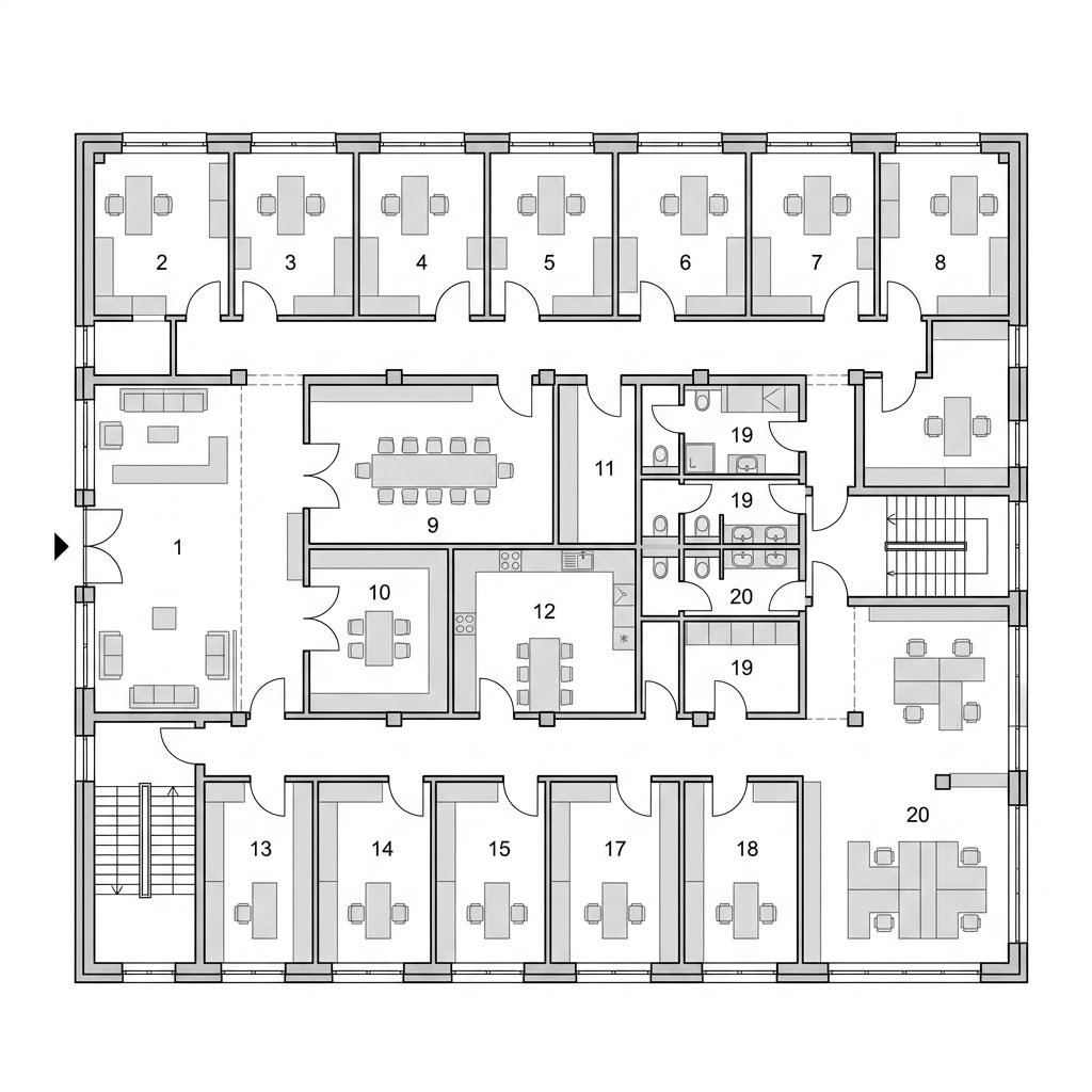 Grundriss Gewerbebau Kombinierte Nutzung – 1500 m² Gewerbe mit 20 Zimmern