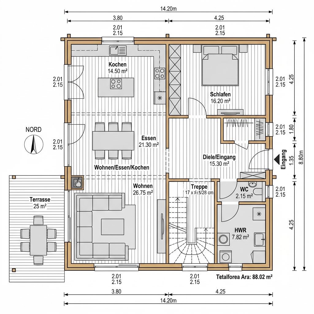 Grundriss Holzhaus Chiemgau 172 – 172 m² Holzhaus mit 6 Zimmern