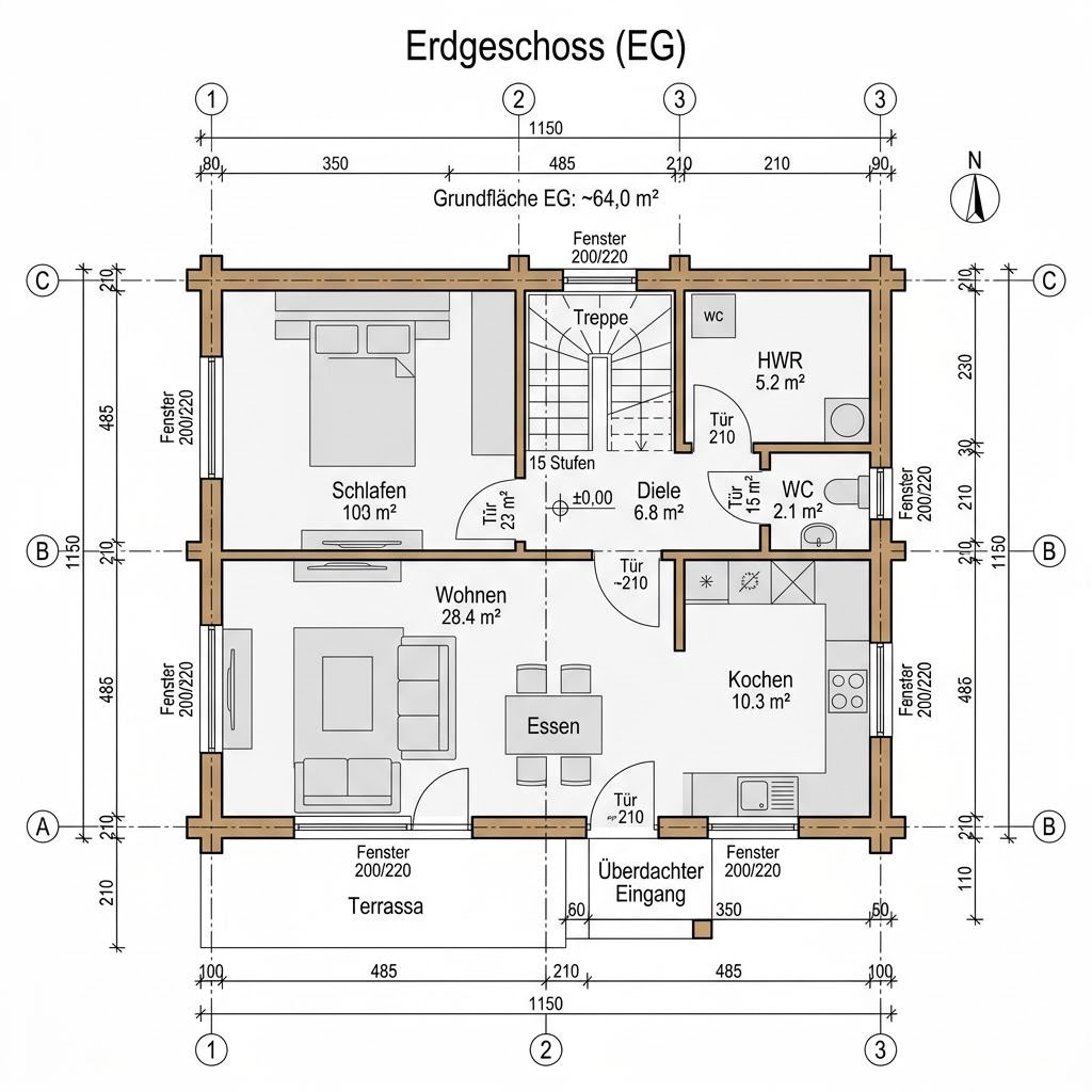 Grundriss Holzhaus Inntal 128 – 128 m² Holzhaus mit 4 Zimmern