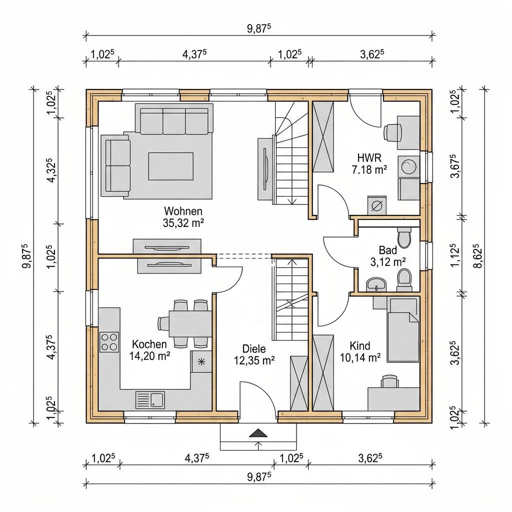 Grundriss Holzhaus Tegernsee 148 – 148 m² Holzhaus mit 5 Zimmern