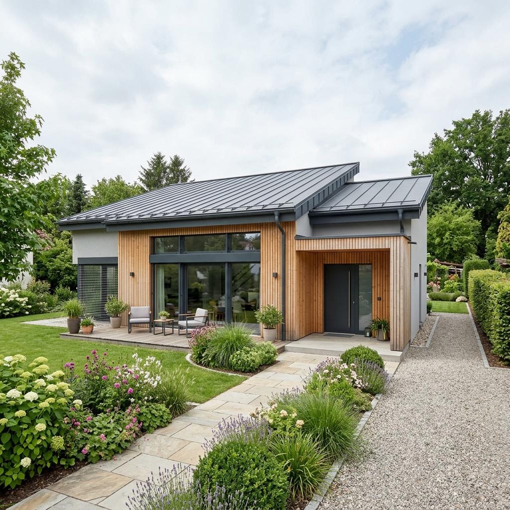 Pultdach-Bungalow Pult Bungalow 128 von RENSCH-HAUS mit versetztem Dach und Solarfläche