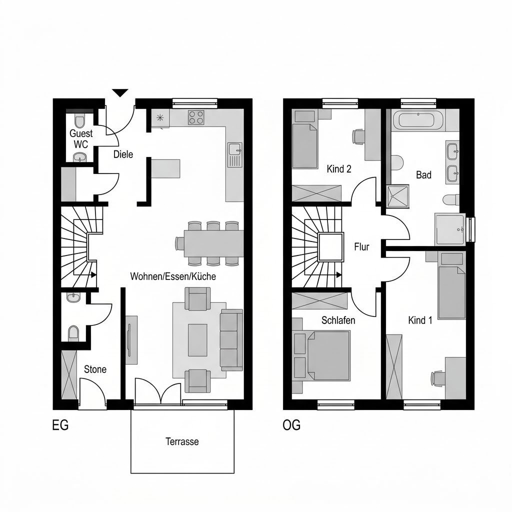 Grundriss Reihenmittelhaus Clou R128 – 128 m² Reihenhaus mit 4 Zimmern