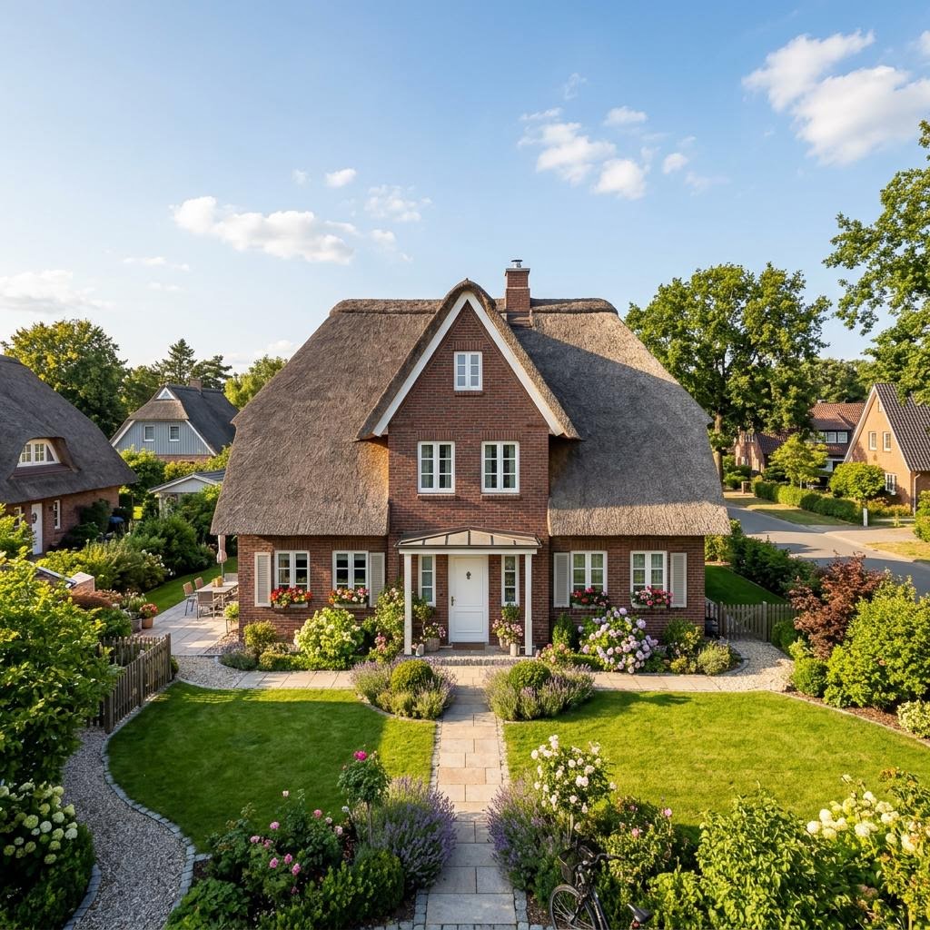 Friesenhaus Friesengiebel von ScanHaus Marlow mit Reetdach-Optik und Backstein