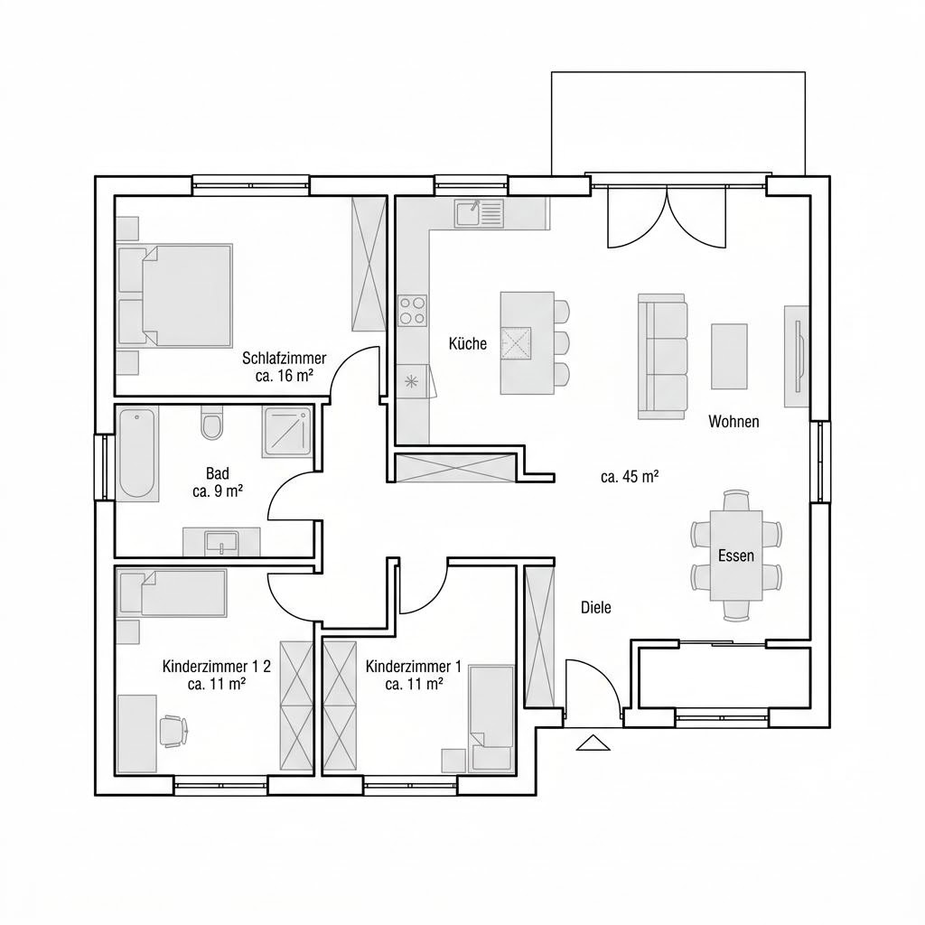 Grundriss SH 113 B — Var. A – 113 m² Bungalow mit 4 Zimmern