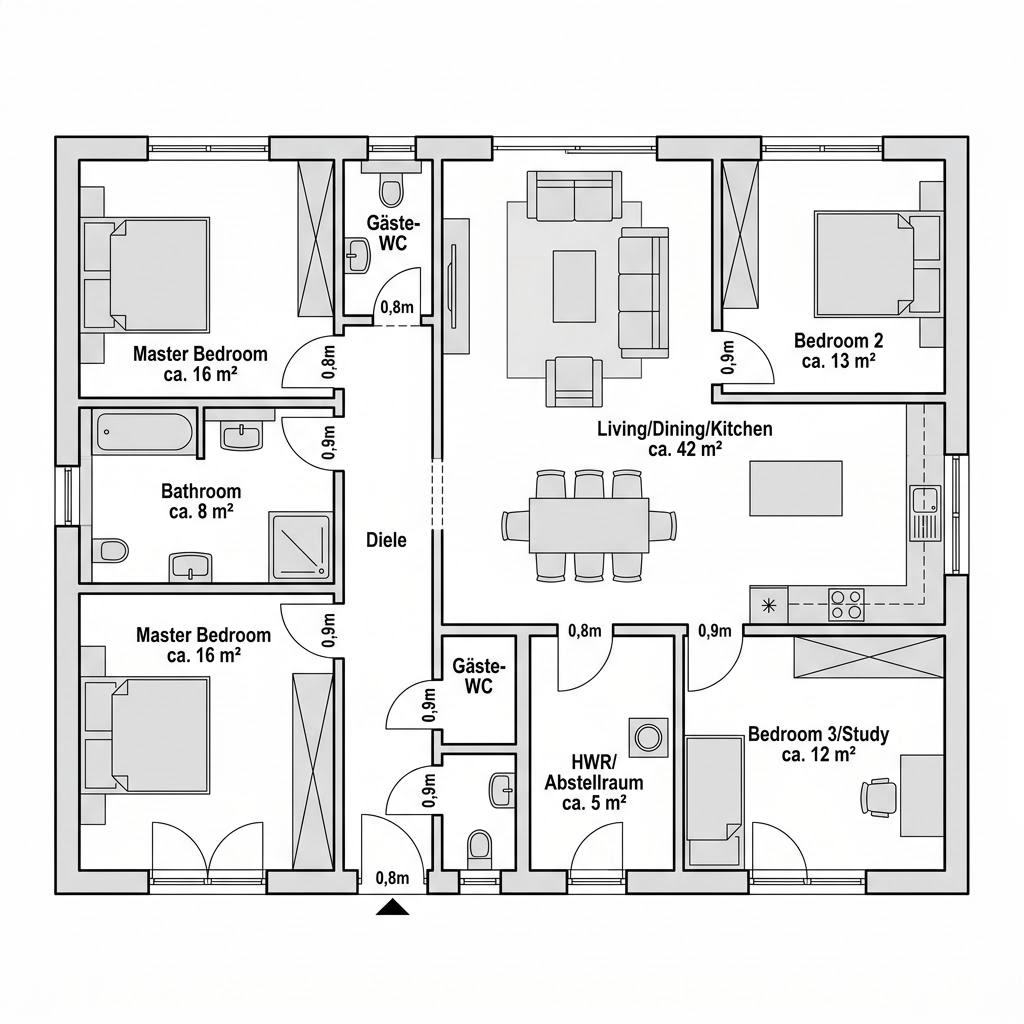 Grundriss SH 117 B — Var. A1 – 117 m² Bungalow mit 4 Zimmern