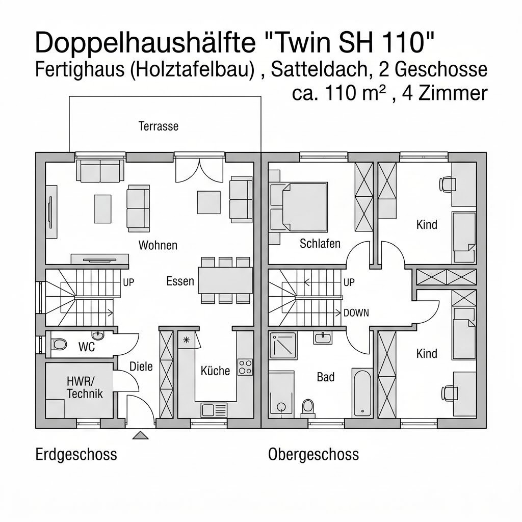 Grundriss Twin SH 110 – 110 m² Doppelhaushälfte mit 4 Zimmern