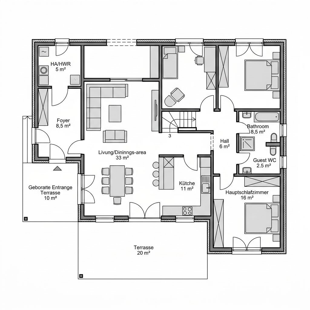 Grundriss Winkelbungalow WB 102 – 102 m² Winkelbungalow mit 3 Zimmern