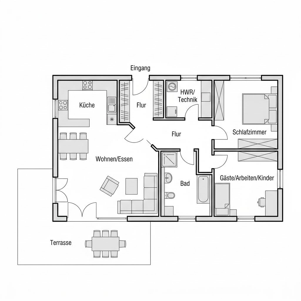 Grundriss Winkelbungalow WB 118 – 118 m² Winkelbungalow mit 3 Zimmern