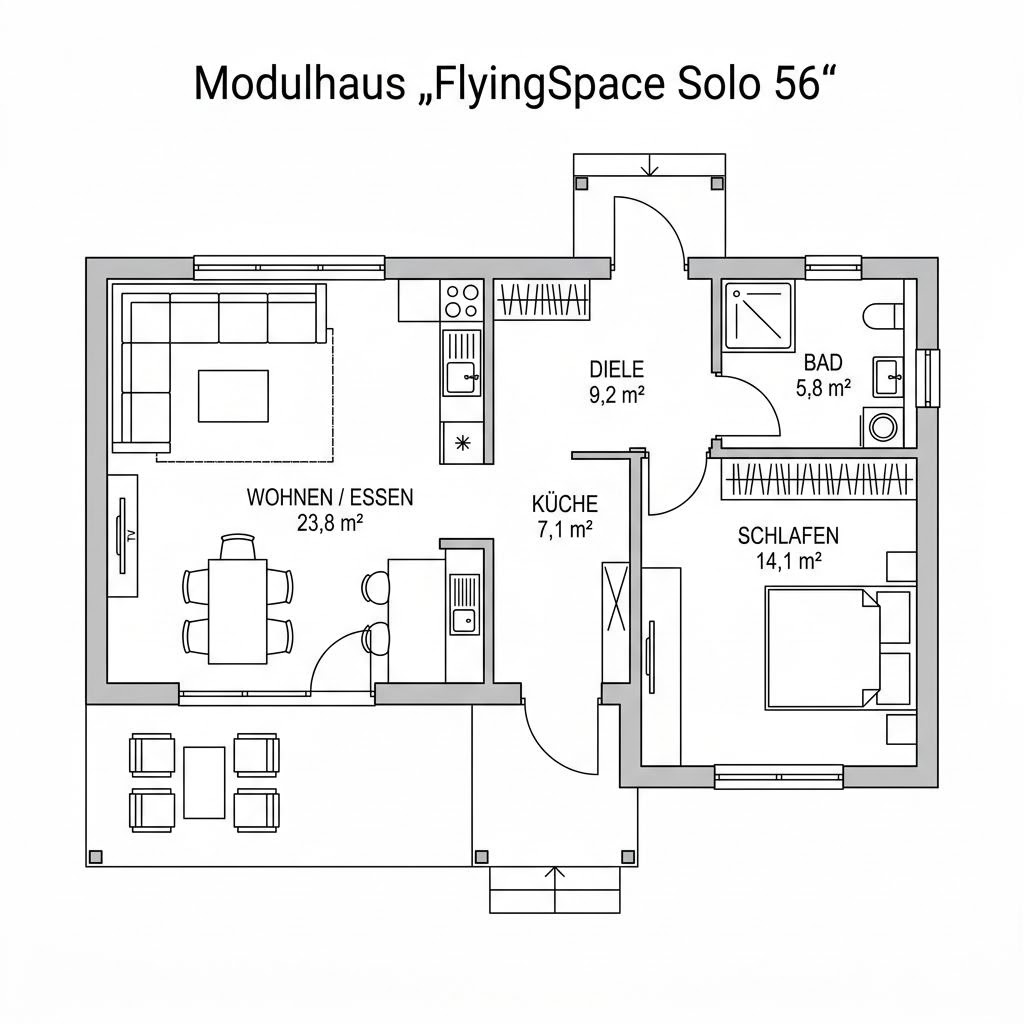 Grundriss FlyingSpace Solo 56 – 56 m² Modulhaus mit 3 Zimmern