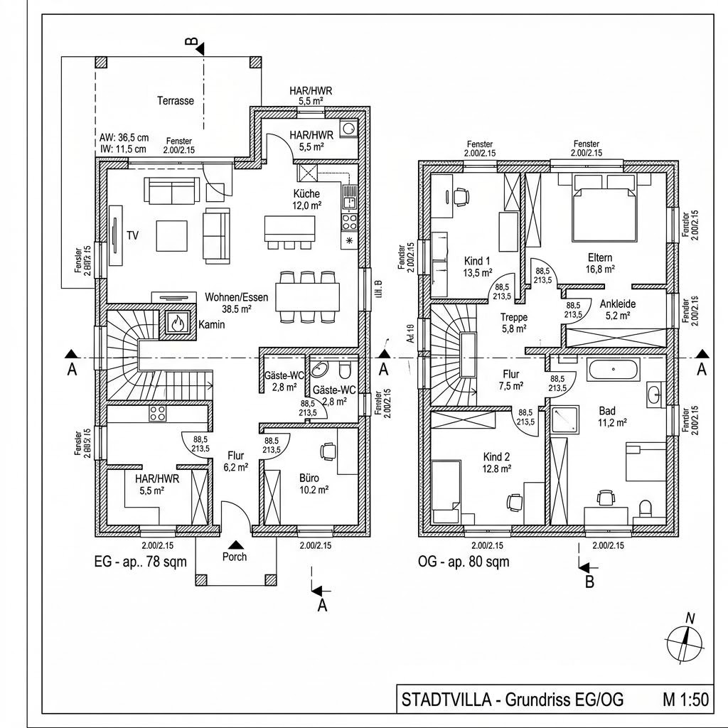 Grundriss Stadtvilla Cubus 158 von Büdenbender Hausbau — 158 m², 5 Zimmer